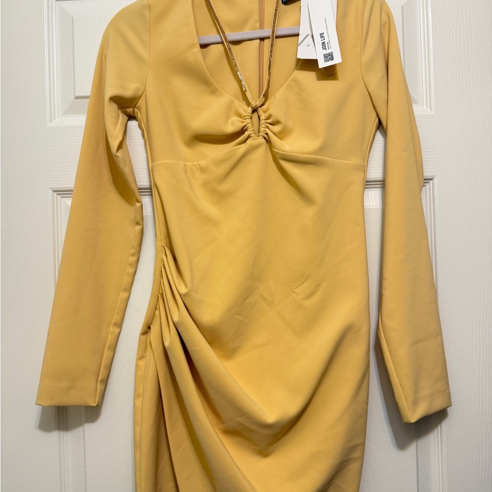 Long Sleeve Yellow Ruched V-Neck Women's Dress